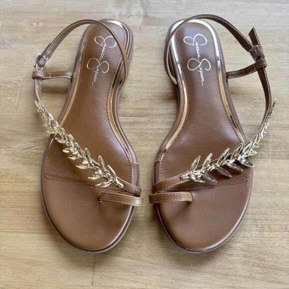 Women's Jessica Simpson Gold Leaf Metallic Flip Flops brown Flats 9.5 NEW - Picture 4 of 7